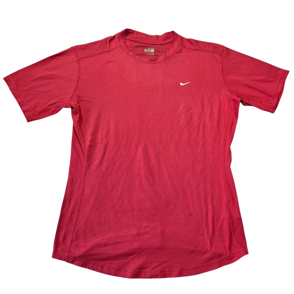 Nike Fit DRY Womens Red Short Sleeve Mesh Back Athletic Shirt Size L Athleisure